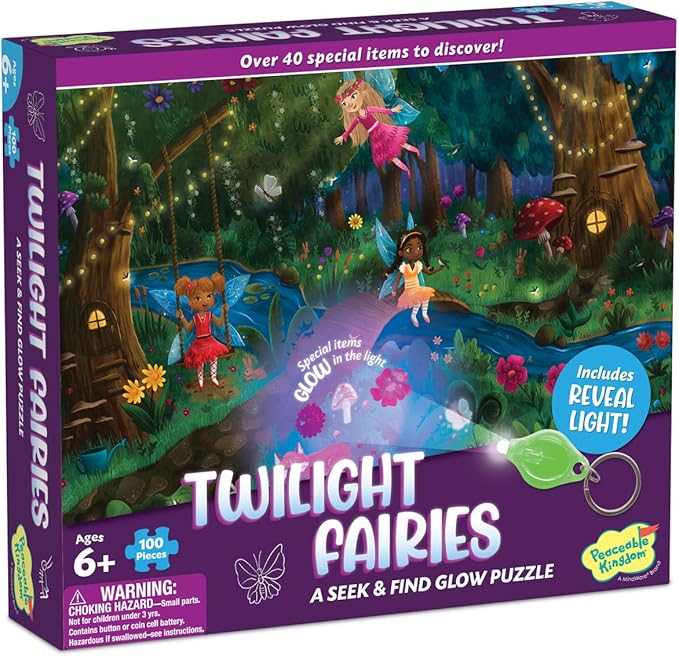 Peaceable Kingdom Twilight Fairies Puzzle – 100-Pc. Seek & Find Glow Puzzle for Kids Ages 6 & Up – Included Blacklight Reveals Hidden Items – Great for Home or Classrooms