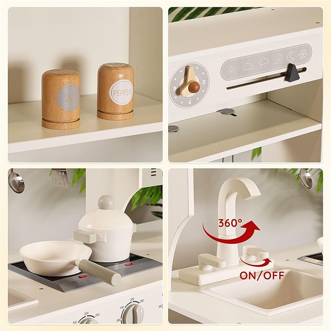 SainSmart Jr. Play Kitchen for Kids, Wooden Kitchen Playset with Lights & Sounds, Ice Maker, Oven & Sink, Trendy Home Style Toy Kitchen, Gift for 3+ Years