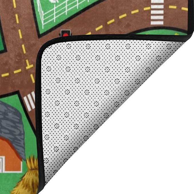 Kids Rug, Farm Map Playmat Rugs - 5x7 Ft Kids Carpet with Rubber Backing, Cute Animal Farming Game Road Map Play Mat Nursery Rugs for Children Bedroom Playroom