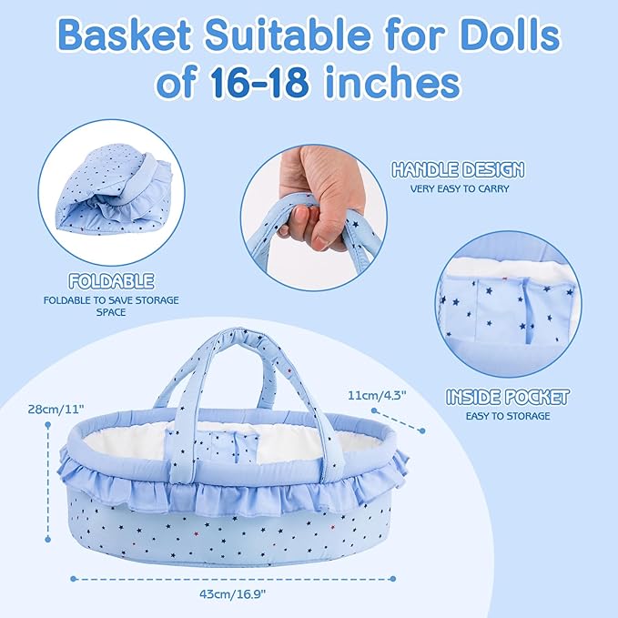 Aori Lifelike Reborn Baby Dolls Blue Bassinet 18 inch Realistic Newborn Boy Doll with Weighted Soft Body with 8 Piece Monkey Toy Carrier Bed Set