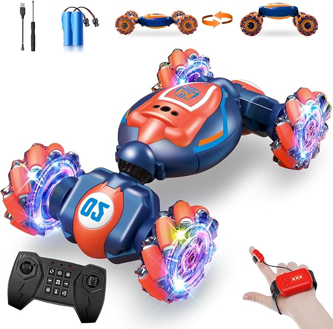 Rc Car Boys Toys 6-8 Years Old,Cool Birthday Gifts for Boys Ages 8-13 4WD Gesture Sensing Rc Stunt Car for Ages 5 7 9 10 Years Old Kids with Light and Music,Large-Orange