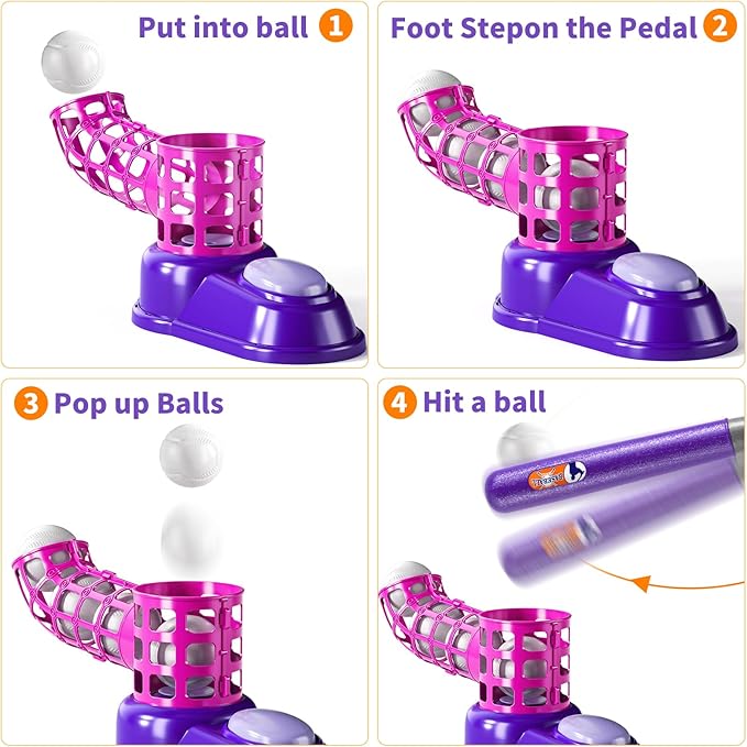 TEMI 2 in 1 Tee Ball Set for Kids 3-8, Kids Baseball T-Ball Set with 10 Balls, Step on Pitching Machine, Batting Tee, Outdoor Sport Toy Games for 3-12 Year Old Boys Girls Toddler