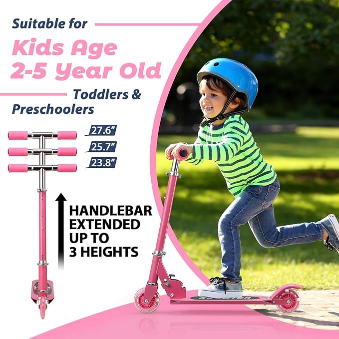 Scooters for Kids 3-5, Kick Scooter Foldable, 2 Wheel Scooter with Fun Light Up Wheels, 24-28 Adjustable Handlebar, Heavy Duty Steel Frame, Outdoor Smooth Riding, Max 90 lb, Girl Birthday Gift