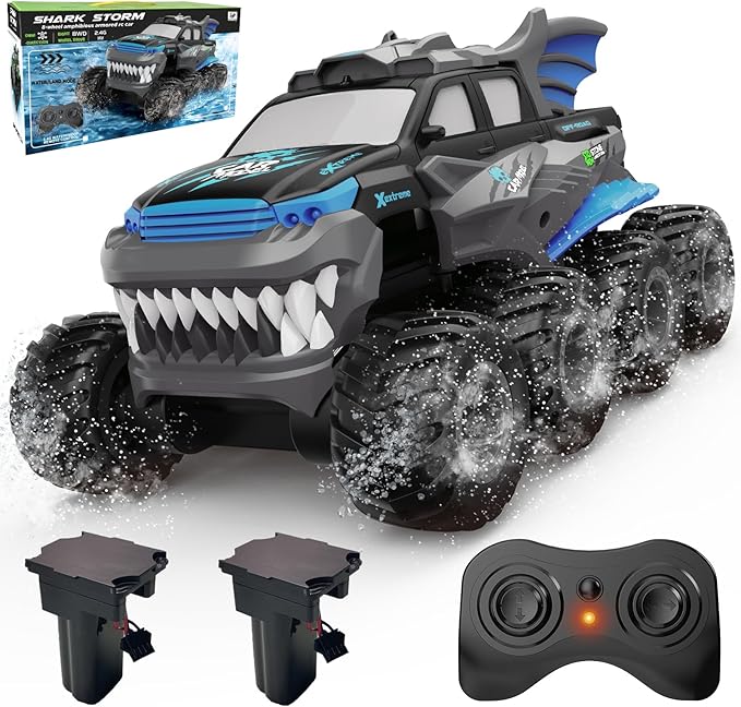 Amphibious Remote Control Car 8WD RC Monster Truck with 2 Rechargeable Batteries for Boys Age 8-12 Offroad Waterproof RC Pickup 2.4GHz All Terrain RC Drift Cars Beach Pool Toys Gifts for Kids Blue