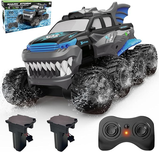 Amphibious Remote Control Car 8WD RC Monster Truck with 2 Rechargeable Batteries for Boys Age 8-12 Offroad Waterproof RC Pickup 2.4GHz All Terrain RC Drift Cars Beach Pool Toys Gifts for Kids Blue