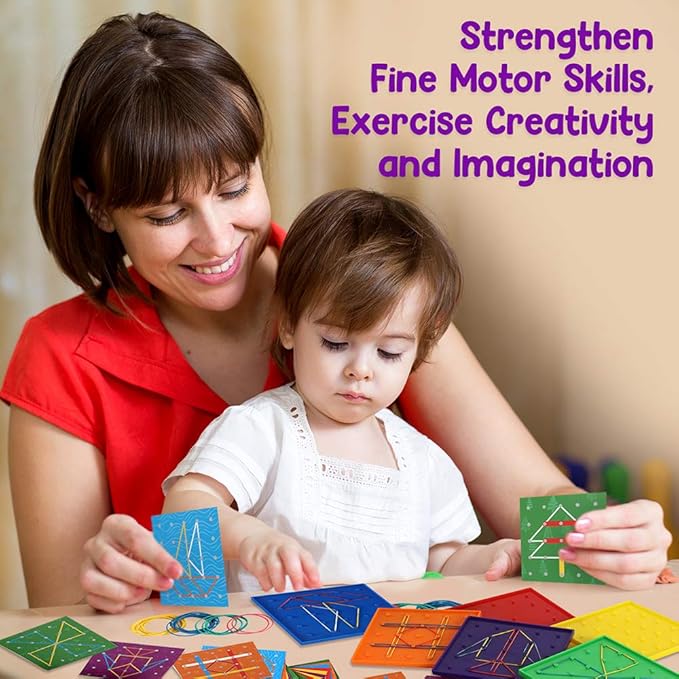 6 Pack Double-Sided Geoboard Mathematical Manipulative Material Array Block Geo Board, Educational Toy for Kids with Rubber Bands and 15pcs Pattern Card, STEM Shape Puzzle Brain Teaser Toy, 5x5 Inch