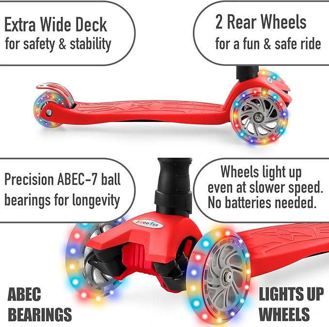Scooters for Kids 3 Wheel Kick Scooter for Toddlers Girls & Boys, 4 Adjustable Height, Lean to Steer, Extra-Wide Deck, Light Up Wheels for Children from 3 to 14 Years Old