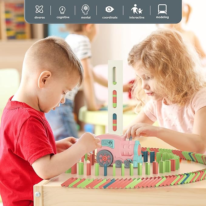 Domino Train Toys for Girls 3+ Year Old: Kids Stacking Dominoes Games - Montessori Toy Toddler 3-5 Boys ages 4-8 - Interactive Autism Fine Motor Activities Birthday Gift Stocking Stuffer 4 5 6 Yr Olds