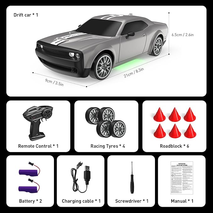 Remote Control Car RC Drift Car 2.4GHz 1:20 Scale 4WD 20KM/H High Speed Remote Control Cars Vehicle with LED Lights Drifting Tire 2Pcs Rechargeable Batteries Toy Cars for Adults Boys Girls (Silver)