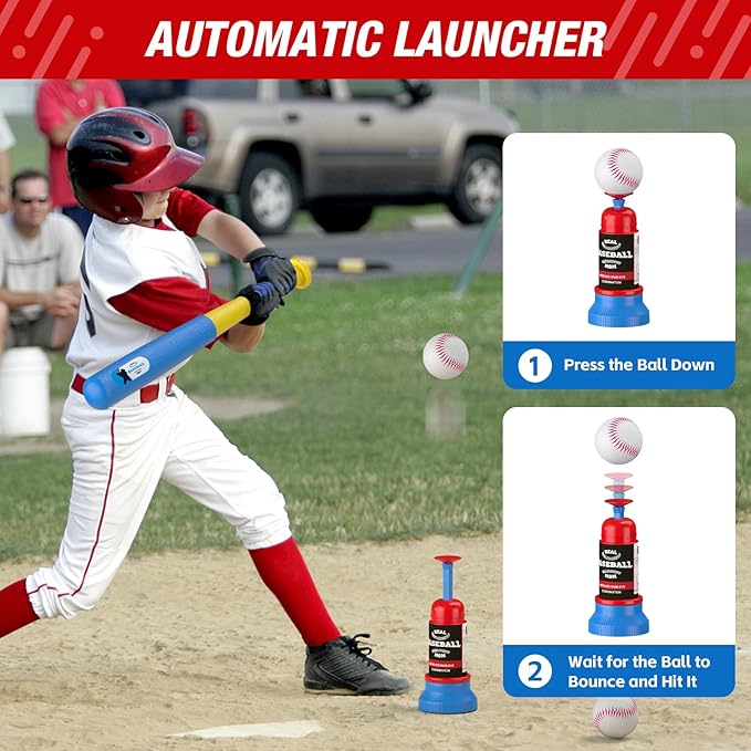 QDRAGON 4 in 1 Tball Set for Toddlers 3-5 with Toss and Catch Ball Set/ 2 Bats, Hanging Tee Ball Stand with Auto Pitching Machine, Indoor Outdoor Sport Toys Christmas Birthday Gifts for Boys Girls