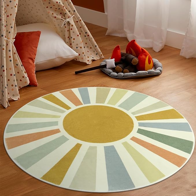 STARUIA Boho Round Rug 4 Ft Washable Area Rug for Kids Room, Colorful Sun Circle Rug for Playroom, Non-Slip Circular Office Carpet Soft Rainbow Rug for Bedroom Reading Corner Dorm