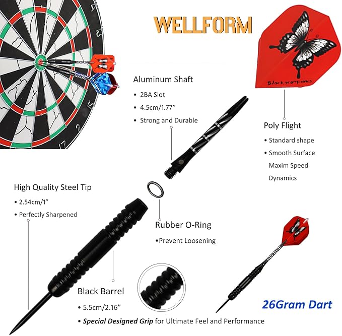 Darts Metal Tip Set，12 Pack 26 Gram Nonslip Iron Barrel, Darts Steel Tip Set Professional,with 12 Aluminum Dart Shafts, 24 Extra Flights, Dart Sharpener, Dart Wrench, Stylish Gift Box