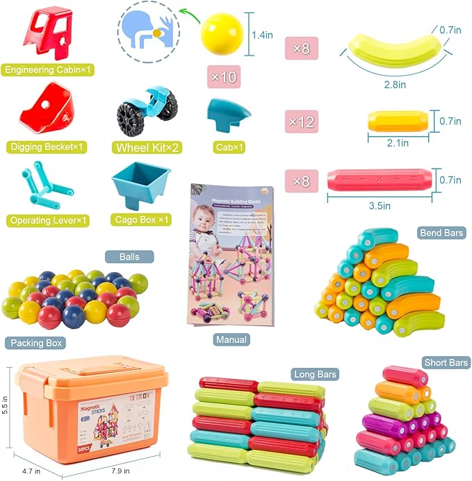 Magnetic Blocks Kids Toys, Magnetic Building Sticks STEM Educational Sensory Toy Preschool Learning Montessori Toys for Toddlers Boys Girls Ages 3-8 with 1 Car