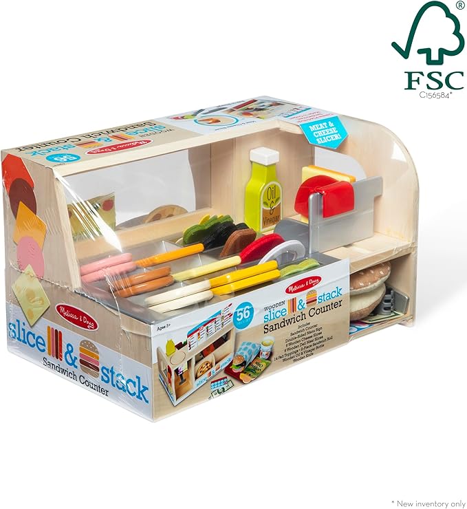 Melissa & Doug Wooden Slice & Stack Sandwich Counter with Deli Slicer – 56-Piece Pretend Play Food Pieces
