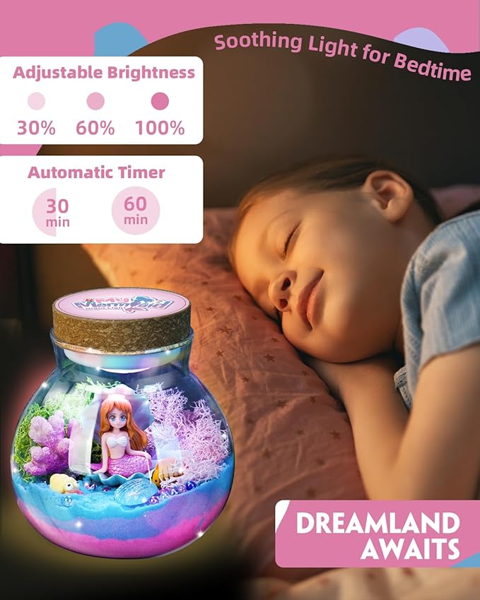Light-Up Mermaid Terrarium Kit for Girls, DIY Arts & Crafts Gift for Girls Ages 4-6 7 8-12 Year Old, LED Night Light with Remote, Best Mermaid Birthday Decoration Toys Gifts for Kid
