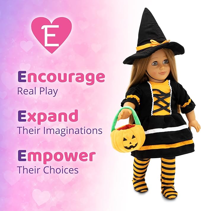 Playtime by Eimmie 18 Inch Doll Clothes and Accessories - Halloween Witch Costume with Hat and Plush Pumpkin - Clothing Sets & Stuff - Fits American, Generation & Similar 18” Dolls for Girls