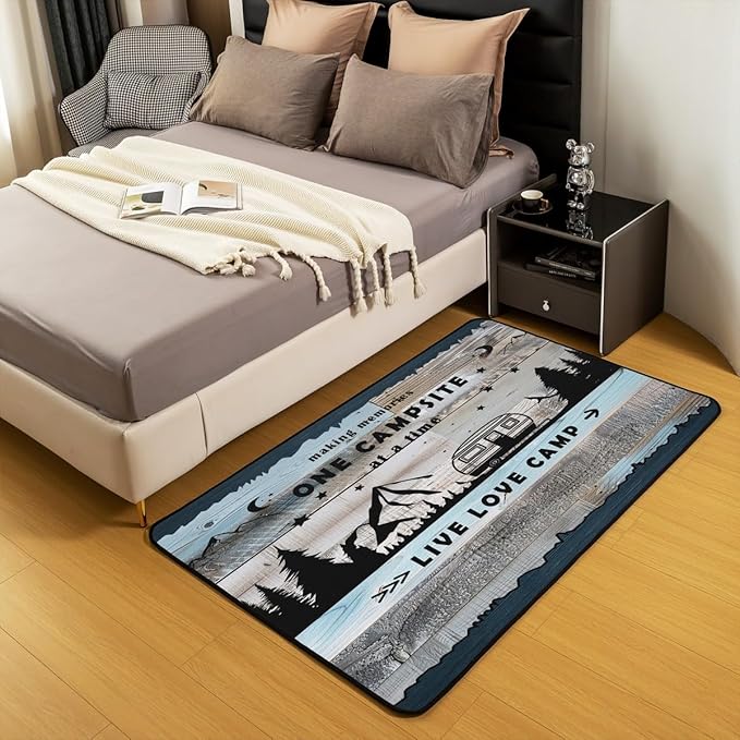 Erosebridal Happy Camping Area Rug 3x5 RV Campsite Rug for Boys Men Retro Wooden Board Rustic Mountain Carpet Blue Black Woodland Adventure Bedroom Non Slip Decorative Rug
