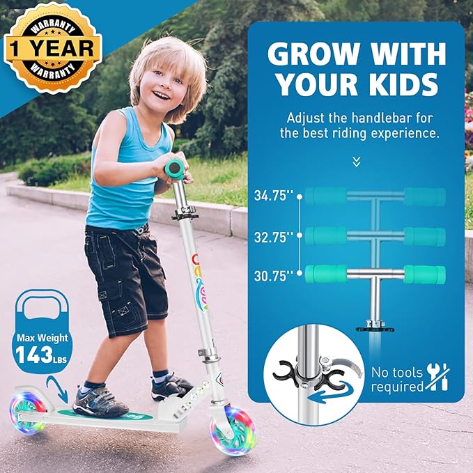 BELEEV V1 Scooters for Kids, 2 Wheel Folding Kick Scooter for Girls Boys, 3 Adjustable Height, Light Up Wheels, Lightweight Scooter with Sturdy Frame, Kickstand for Children 3 to 12 Years Old