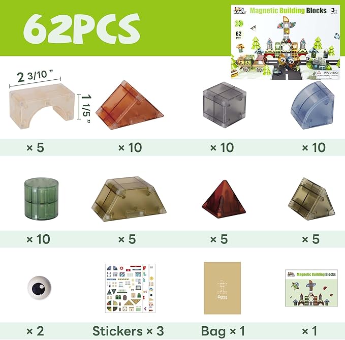 iPlay, iLearn Kids Magnetic Blocks, 62 PCS Magnet Stacking Block Building Toy, Toddler STEM Learning Montessori Sensory Toy, Preschool Classroom Educational Birthday Gift 3 4 5 6 7 8 Year Old Boy Girl