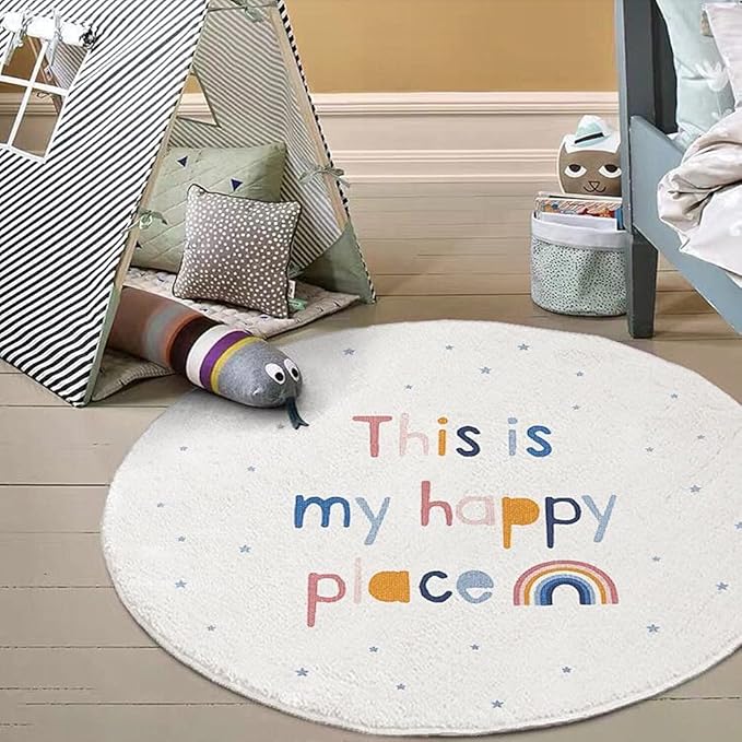 Poowe Round Kids Playroom Rug - Soft Alphabet Nursery Rug for Bedroom - Playtime Collection, Learning & Game Carpet for Classroom, Best Shower Gift for Infant Toddlers (Round 47.2", Rainbow Star)