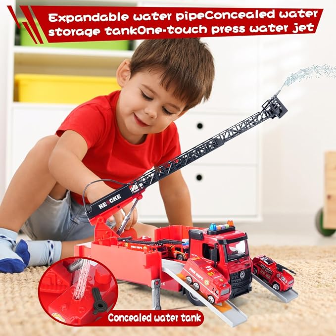 Toy Fire Truck Rescue Firetruck - Transformer Ejector Truck Car Race Track Home Outdoor Shool Toddler Kids Ages 2 3 4 5 6 7 8 Year Old Boys Girls Children Christmas Birthday Gift Ladder Real Water Jet