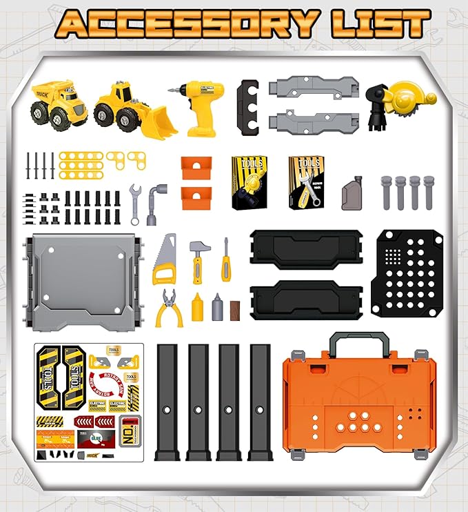 Lehoo Castle Toddler Tool Bench with Electric Drill & Take Apart Construction Vehicles, 2-in-1 Workbench ＆ Toolbox for Kids, Toy Tool Set for Toddlers Age 3, Birthday Festival Gift for Boys & Girls