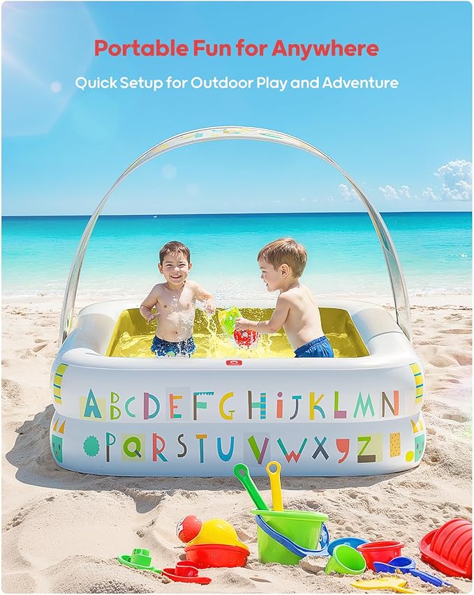QPAU Kiddie Pool – 65" x 39" Inflatable Pool for Kids & Toddlers, Ball Pit & Baby Pool with Soft Cushioned Floor, Canopy for Sun Protection, Durable Outdoor Play Toys for Backyard & Indoor (Yellow)