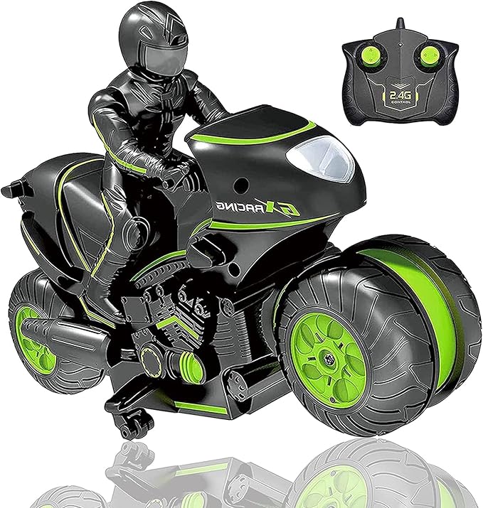 RC Motorcycle, Remote Control Motorcycle 360° Spinning Wheels Stunt Motorbike - Rotating Drift 2WD High Speed Car Toys with Riding Figure - Gift for Kids Boys Girls(Green)