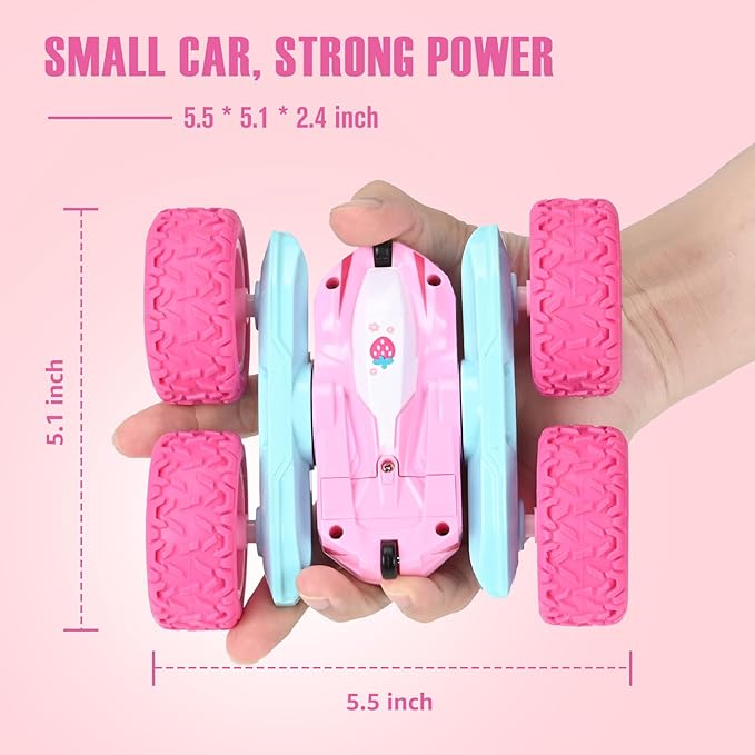 Remote Control Car, Pink RC Cars for Girls, Rechargeable RC Truck, 2.4Ghz Double Sided 360° Rotating Stunt Car Toy with Headlights, Birthday Gift for Kids Age 3+
