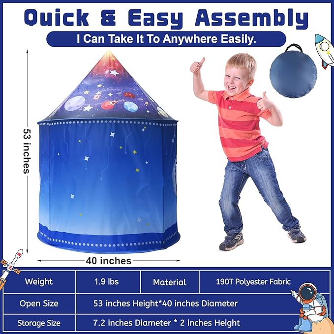 Rocket Ship Space Pop Up Play Tent for Kids-Astronaut Pretend Playhouse Gift for 3-5 Year Old Girls Boys