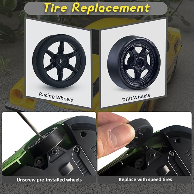 RC Drift Car - 1/24 4WD Remote Control With LED Light, 2.4GHz High Speed, Two Rechargeable Batteries and Drift Tires for Kids and Adults, Boys and Girls, Yellow