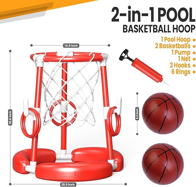 SpringFlower Pool Basketball Hoop,Floating Pool Toys Ring Game with Ring Toss, Balls and Pump, 2-in-1 Summer Outdoor Swimming Pool Basketball Games Play Toy Family Party for Kids Adults, Red
