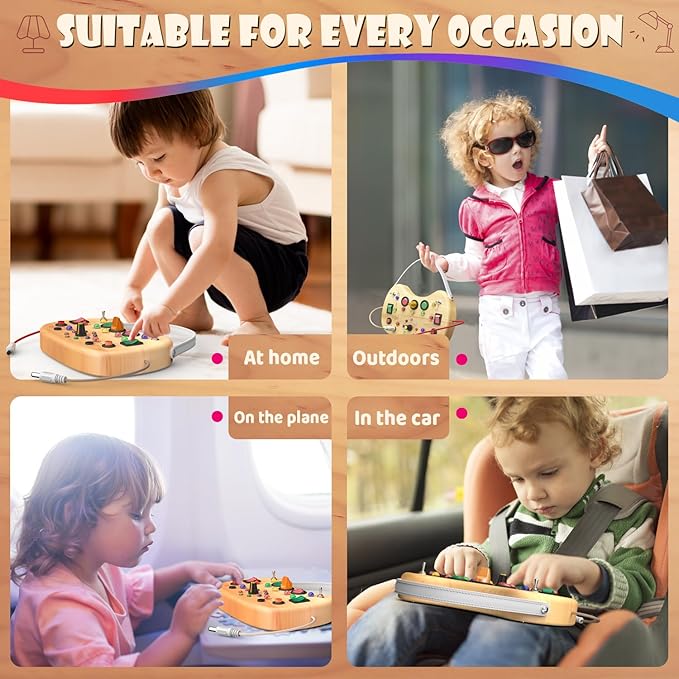 Toddler Busy Board with LED Light Up Switch, Wooden Montessori Busy Board for Todder 1-3, Travel Toys for Autistic Kids, Gift for 1 2 3 Year Old Baby Boys & Girls