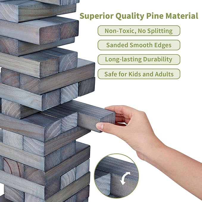 ApudArmis Giant Tumble Tower Stack to Over 5Ft, 60 PCS Pine Wooden Stacking Timber Game with 1 Dice Set - Classic Block Giant Outdoor Game (7.48 * 2.48 * 1.5 in Each Block, Gray)