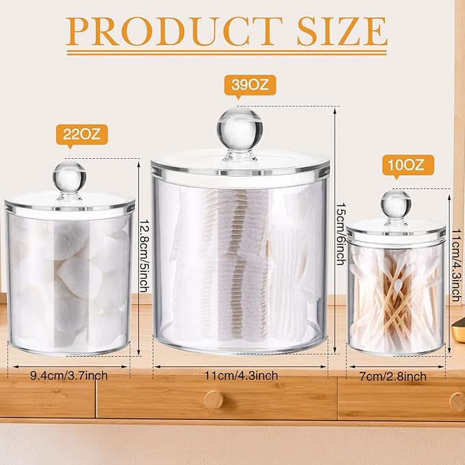 Meanplan 6 Pack Acrylic Holder Dispenser Plastic Apothecary Jars with Lids for Cotton Ball, 10/22/39 oz Clear Plastic Storage Jars Floss Holder Container for Cotton Swab Bathroom, 3 Sizes