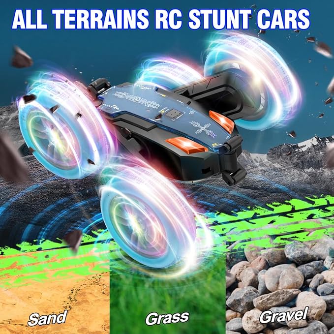 Remote-Control-Car-Stunt-RC-Car, New Upgraded 2.4Ghz 4WD Double-Sided 360° Rotating RC Crawler with Headlights & Wheel Lights, RC Truck Toy Cars Gift for Kids Boys and Girls Aged 6-12