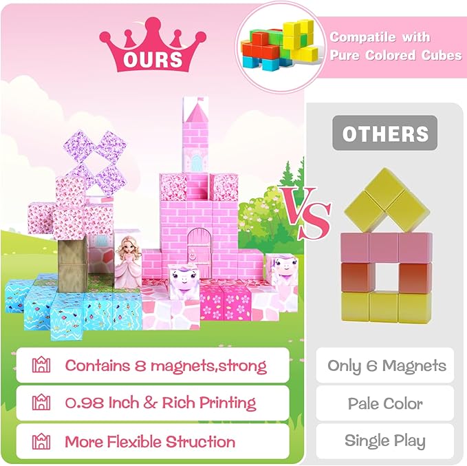 Magnetic Blocks - 100PCS Magnetic Blocks Princess Toys, Unicorn Building Cubes, STEM Montessori Sensory Education Toys for Christmas Birthday Gift Boys & Girls, for Kids Ages 3+