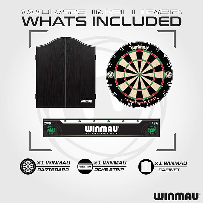 Winmau Darts - Masters Pro Premium Bristle Dartboard Set - Includes Dart Board, Darts, Flights, Shafts and Oche Strip - Professional Steel Tip Darts & Dart Board for Adults