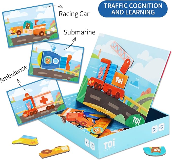 Toi Kids Magnet Toys Magnetic Jigsaw Puzzle Boxes with Game Board for Kids Ages 3-8, Preschool Tabletop Toy for Toddlers, Portable Travel Game, Vehicle
