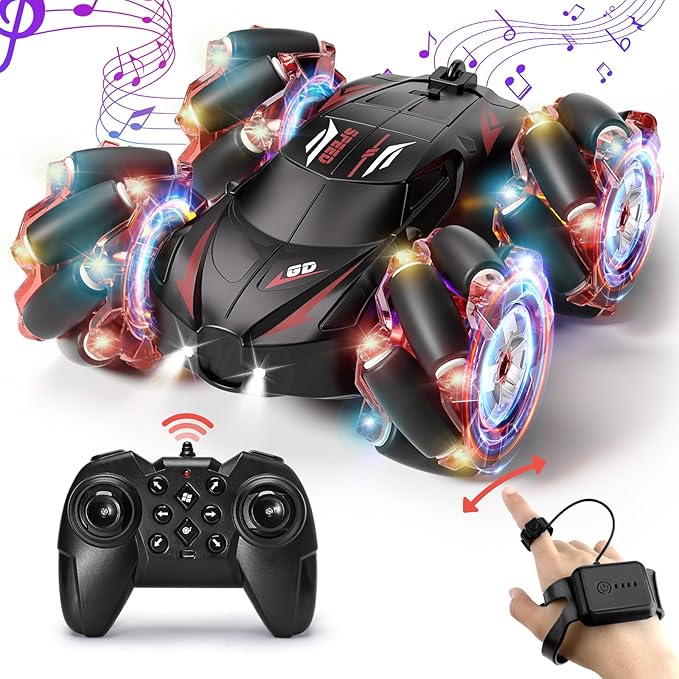 RC Stunt Car, 2.4GHz 4WD Gesture Sensing Remote Control Car with Cool Light and Music, Double-Sided 360° Flips RC Cars for Boys Age 6-12 8-12 Birthday Christmas Toy Cars(Red)