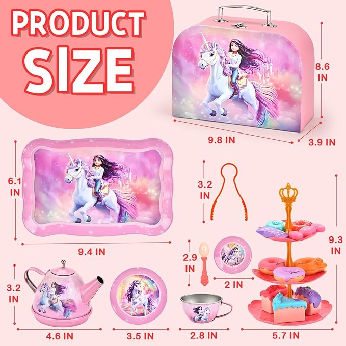 Toddlers Unicorn Tea Party Set for Little Girls, Pretend Tin Teapot Set, Princess Tea Time Play Kitchen Toy with Dessert, Doughnut, Carrying Case for Birthday Easter Gifts Age 3 4 5 6