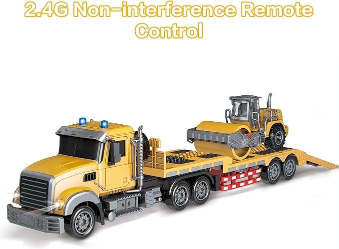 Fistone RC Semi Truck with Trailer, 1:24 RC Semi-Trailer Engineering Tractor with Sound and Lights, 2.4Ghz Remote Control Flatbed Truck with Road Roller Toys, Construction Vehicles Toy for Boys