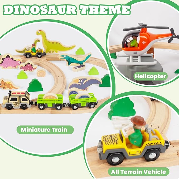 80Pcs Wooden Train Set, Dinosaur Wooden Train Track Set, Wood Toy Train Set for Toddlers 2-4, Train Toys for Toddlers 3-5, Fits Thomas, Fits Brio, Fits Melissa and Doug