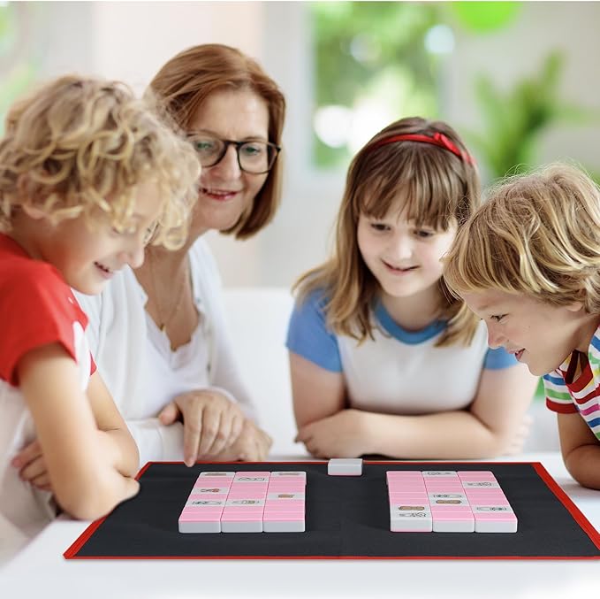 2 Player Mahjong Tile Game，49-Piece Vita Mahjong Tiles (1.4") with Non-Slip Mat & Stickers, Portable Travel Mahjong Block Set for Adults/Kids with a Storage Box