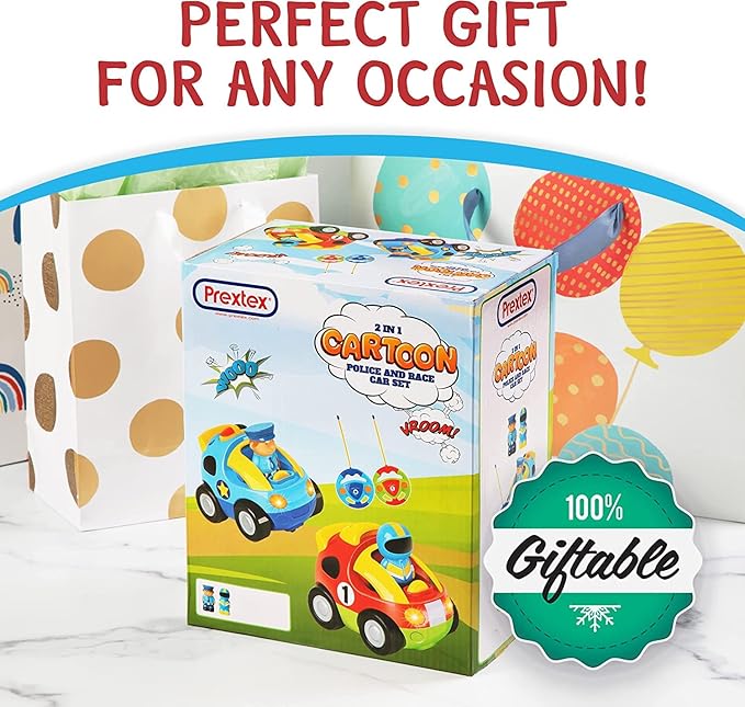 PREXTEX Cartoon Remote Control Car - 2-Pack Police and Race Car Toddler Toys - RC Cars for Kids with Different Frequencies - Easy Remote Control Toy and Thoughtful Gifts for Boys and Girls