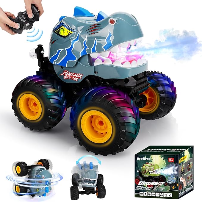 Remote Control Car for Boys 4-7 8-12, Dinosaur Monster Truck Toys with 50min+ Runtime, Spray, LED Light, 360° Rotating & 90° Driving, RC Stunt Car for Kids Birthday