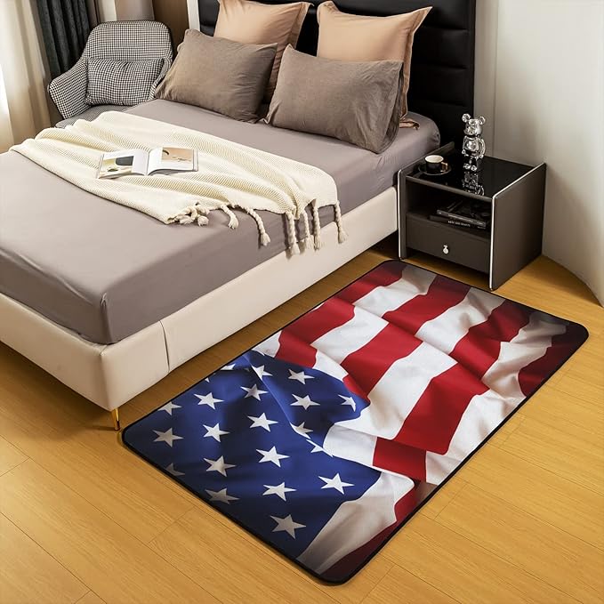 Erosebridal American Flag Area Rug 4x5, United States Rug for Kids Boys Teens, USA Federations Stars Carpet, Geometric Stripes Non Slip Blue White and Red Decorative Rug for Bedroom
