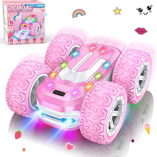 Pink Remote Control Car for Girls, RC Cars for Kids with DIY Sticker & Colorful Lights, 2.4Ghz Double Sided 360° Flips 4WD Stunt Car, Rechargeable Toy Cars for Girl Ages 4-6 5-7 6-8 8-12 Birthday Gift