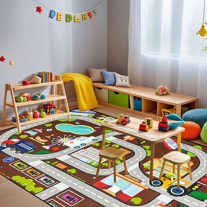 Car Rugs for Kids Toy Cars - Kids Carpet for Playroom Car Track Rug City Life Road Rug for Playroom Living Room Bedroom, 2'5''×4'