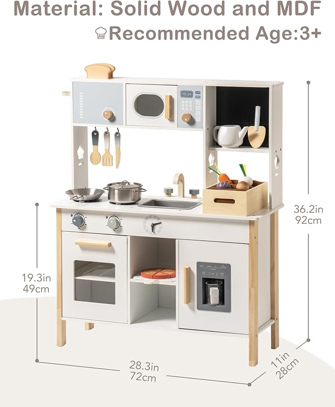 ROBUD Kids Play Kitchen - Wooden Toy Kitchen with Planting Box, Montessori Pretend Kitchen playset with Ice Maker and Pizza Oven for Toddlers 3-8